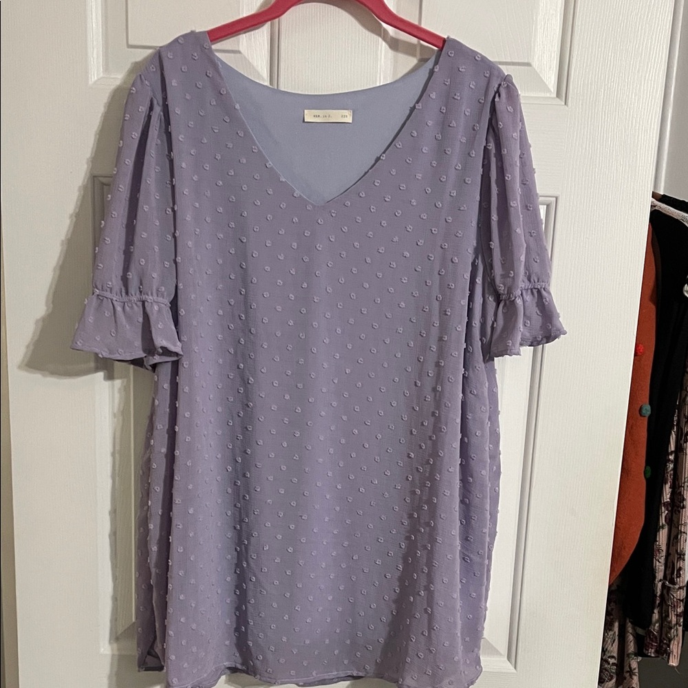 Lavender V-Neck Textured Blouse with Ruffle Sleeves